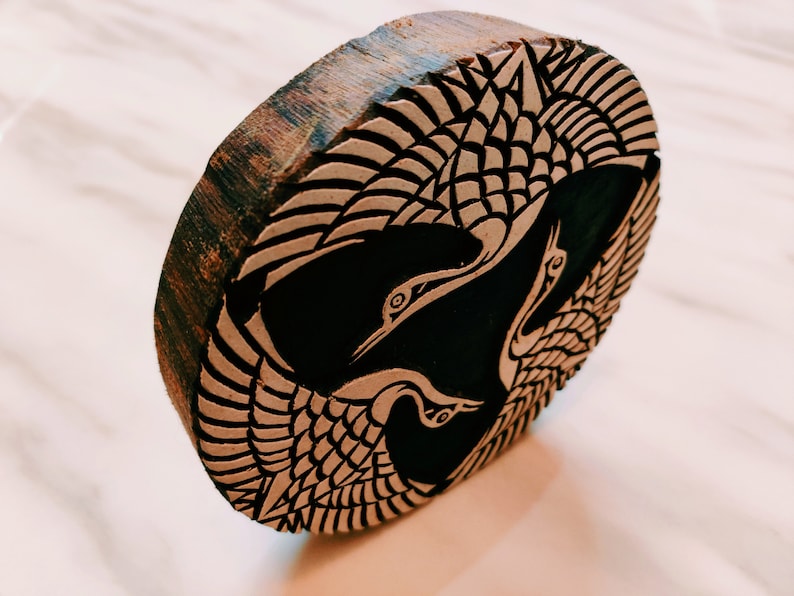 Japanese Indigo cranes; three cranes batik stamp; India wood printing block; hand carved stamp; pottery stamp
