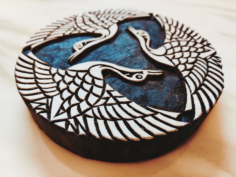Japanese Indigo cranes; three cranes batik stamp; India wood printing block; hand carved stamp; pottery stamp