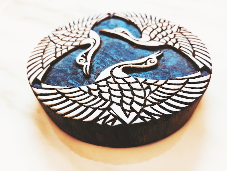 Japanese Indigo cranes; three cranes batik stamp; India wood printing block; hand carved stamp; pottery stamp