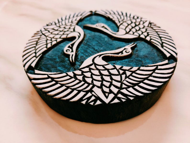 Japanese Indigo cranes; three cranes batik stamp; India wood printing block; hand carved stamp; pottery stamp