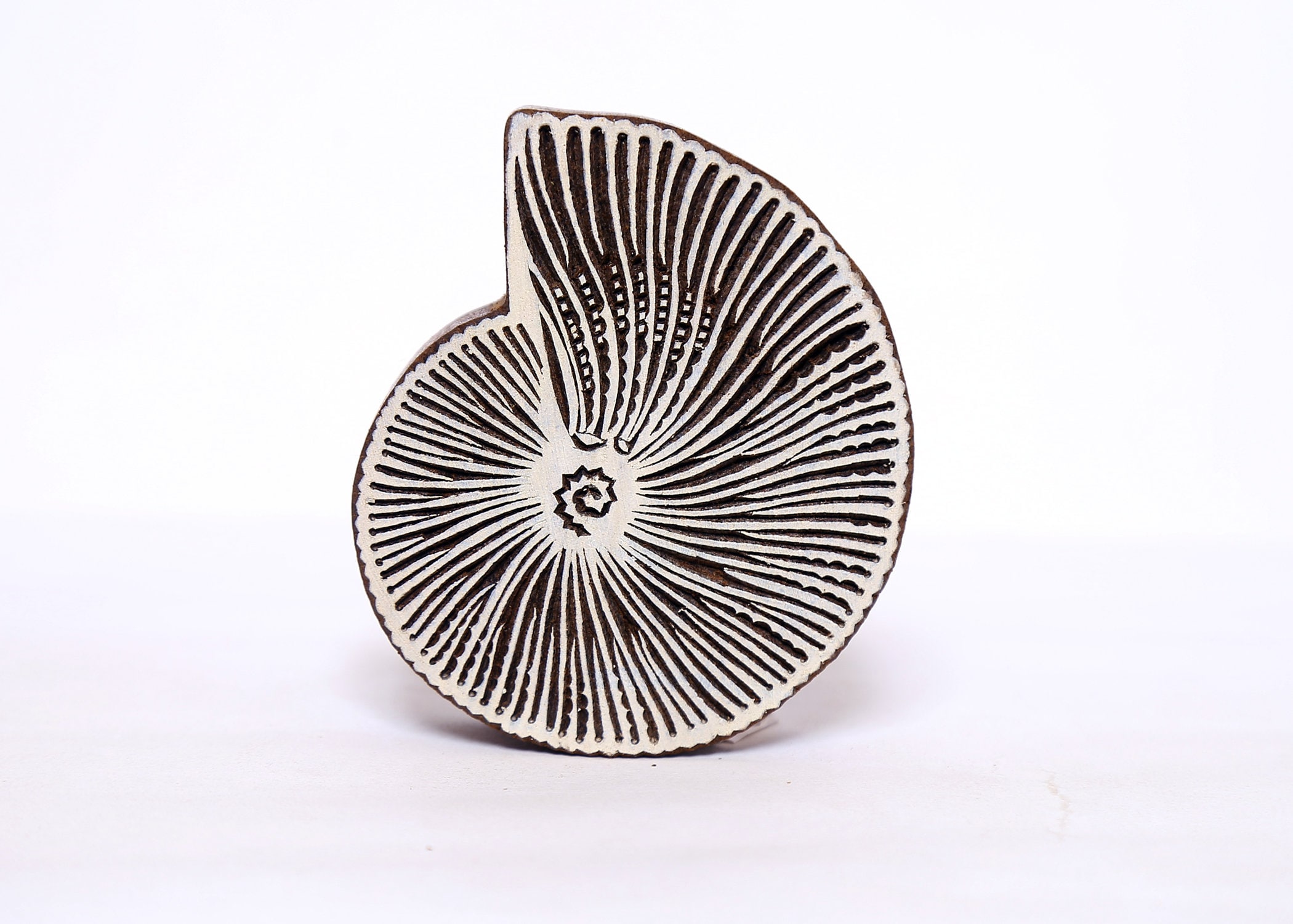 Wood hand carved Indian printing block; pottery stamp; textile stamp; snail shell; spiral sea shell Indian print block