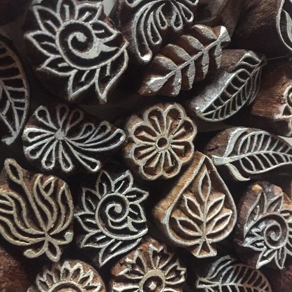 Lot of 10 soap stamps, pottery stamps, tjaps, small Indian block printing stamps, henna stamps, textile printing blocks
