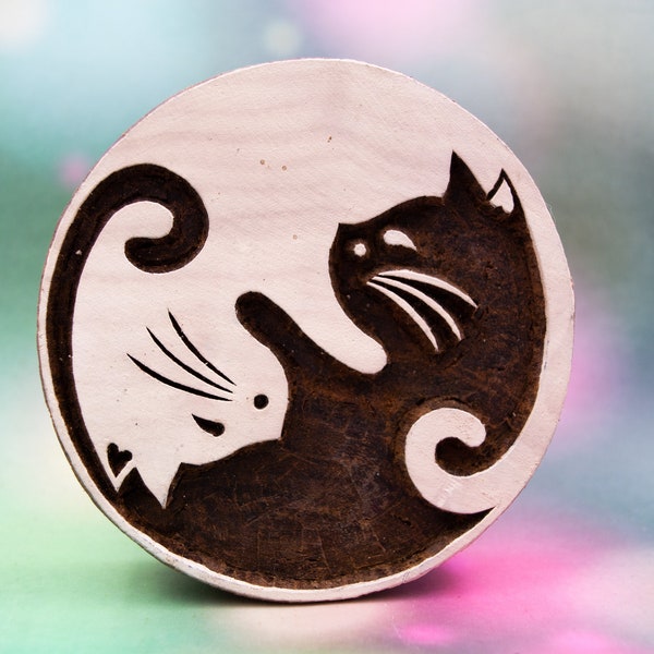 Yin Yang Katzen Holz handgeschnitzt indischen Druckstock; Keramikstempel; Tonstempel; Indischer Stempel; DIY