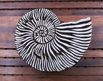 Wood hand carved Indian printing block; pottery stamp; textile stamp; snail shell; spiral sea shell Indian print block
