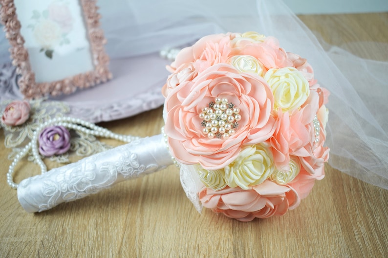 Brooch Wedding Bouquet Bridal Bouquet Chiffon and Lace Bouquet Satin Flower Bouquet Peach and Cream Satin Bouquet