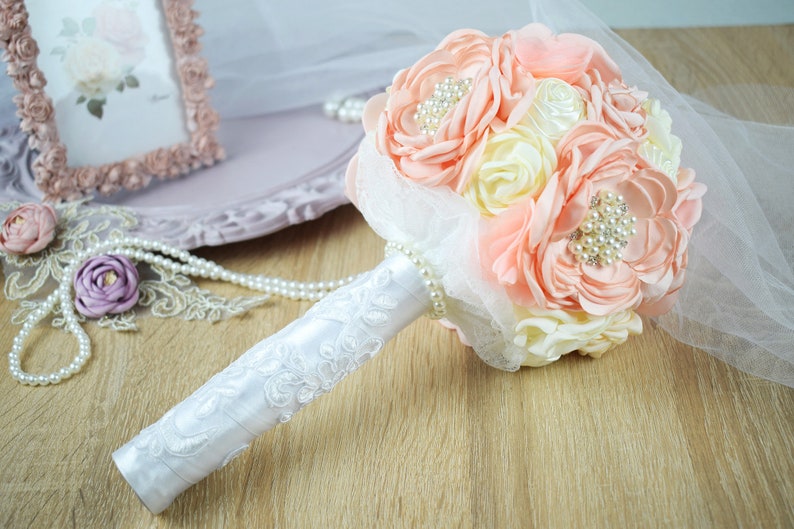 Brooch Wedding Bouquet Bridal Bouquet Chiffon and Lace Bouquet Satin Flower Bouquet Peach and Cream Satin Bouquet