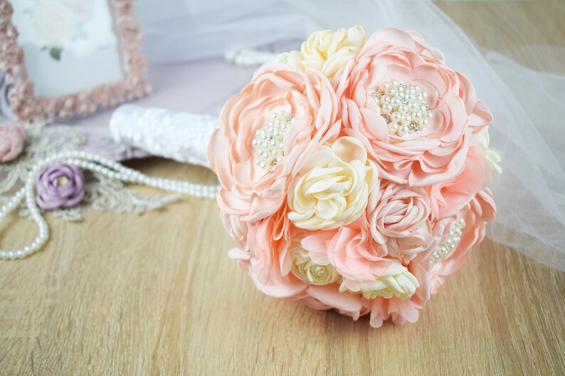 Brooch Wedding Bouquet Bridal Bouquet Chiffon and Lace Bouquet Satin Flower Bouquet Peach and Cream Satin Bouquet