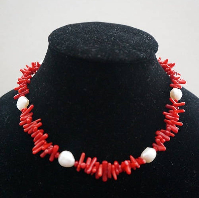 genuine red coral spikes genuine white freshwater pearls red coral beads classic necklace