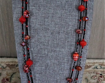 black and red statement layering double triple strand millefiori red glass faceted variety red black extra long women handmade red necklace