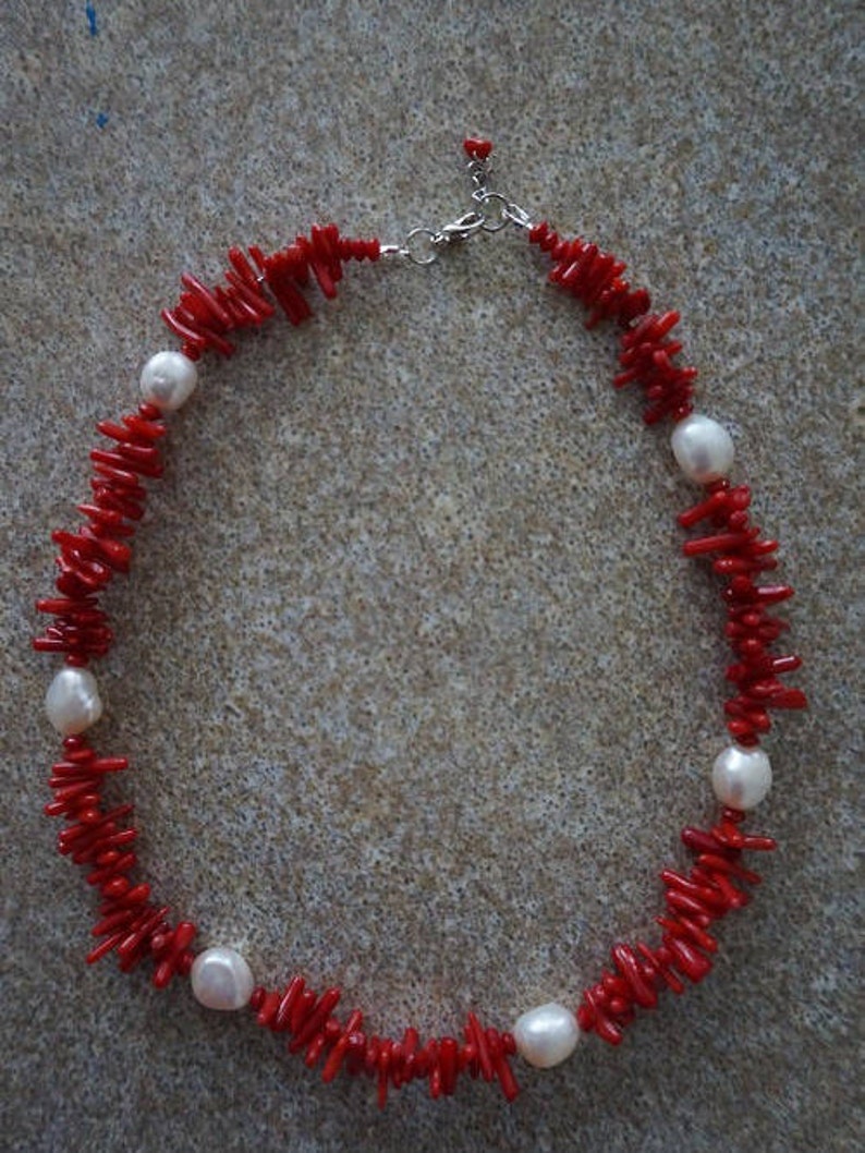 genuine red coral spikes genuine white freshwater pearls red coral beads classic necklace