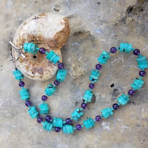 Beautiful and Natural American Turquoise Heishi and Amethyst Bead Necklace