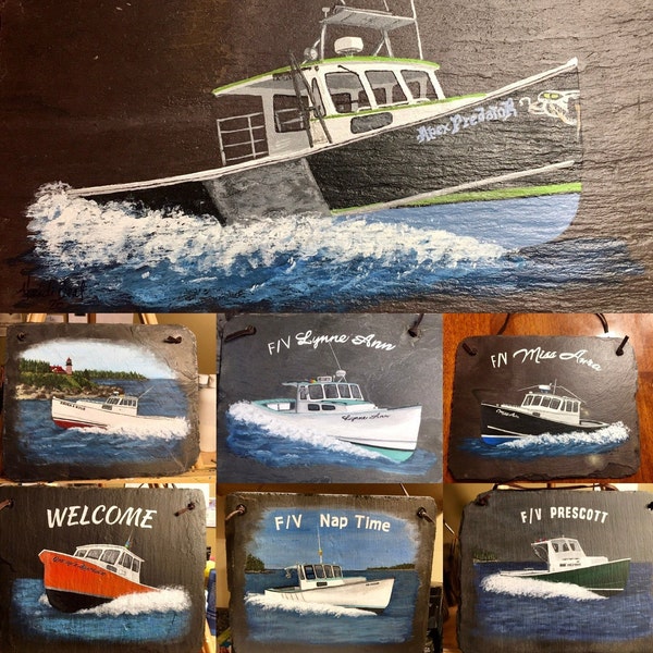 Custom  Boat portrait painting on reclaimed Slate - marine art nautical art boat portraits painting