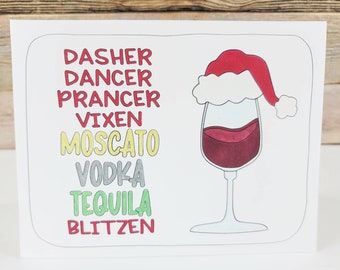 Drink Card, Friends Drinking Wine, Christmas Drinks, Funny Christmas Card, Christmas Wine, Dasher Dancer Vodka, Christmas Card Best Friend