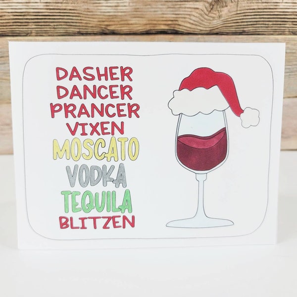 Drink Card, Friends Drinking Wine, Christmas Drinks, Funny Christmas Card, Christmas Wine, Dasher Dancer Vodka, Christmas Card Best Friend