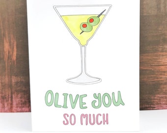 Olive You Card, Funny Olive You Card, Funny Valentine Card, Pun Card for Valentine,  Handmade Valentine Card