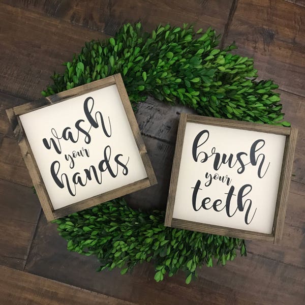 Wash Your Hands Brush Your Teeth | Bathroom Decor | Bathroom Sign | Wood Framed Sign | Farmhouse Sign | Farmhouse Decor | Bathroom Wall Deco