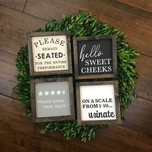 Bathroom Signs Choose from 4 Styles | Please Remain Seated Sign | Hello Sweet Cheeks Wood | Would Poop Here Bathroom Review | Fun Wall Decor