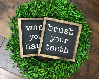 Wash Your Hands Brush Your Teeth | Bathroom Decor | Bathroom Sign | Wood Framed Sign | Farmhouse Sign | Farmhouse Decor | Bathroom Wall Deco