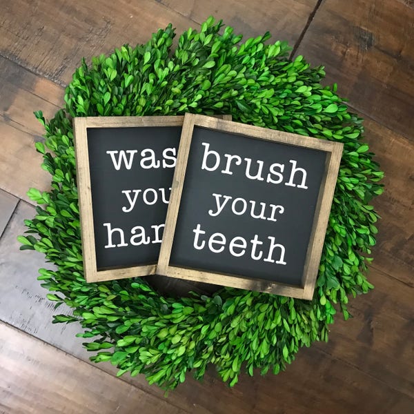 Wash Your Hands Brush Your Teeth | Bathroom Decor | Bathroom Sign | Wood Framed Sign | Farmhouse Sign | Farmhouse Decor | Bathroom Wall Deco