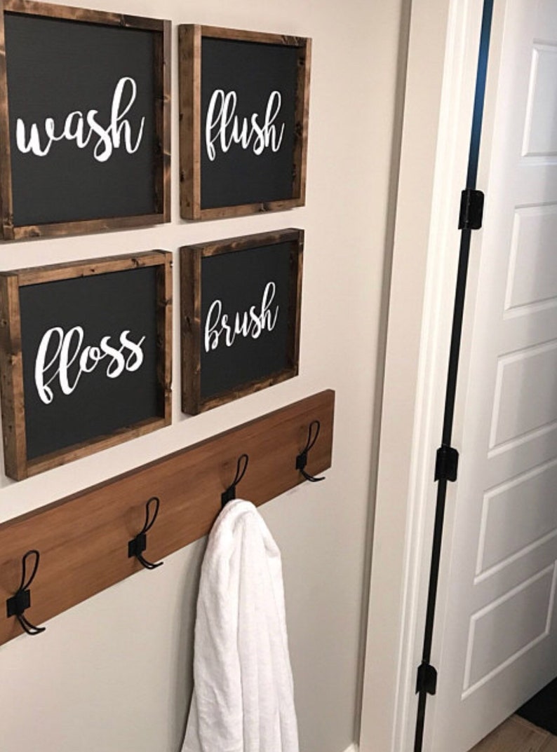 Wash Brush Floss Flush Set of 4 Wood Sign Bathroom Sign Bathroom Decor Farmhouse Style Farmhouse Sign Farmhouse Bathroom image 3