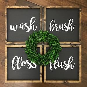 Wash Brush Floss Flush Set of 4 Wood Sign Bathroom Sign Bathroom Decor Farmhouse Style Farmhouse Sign Farmhouse Bathroom image 1