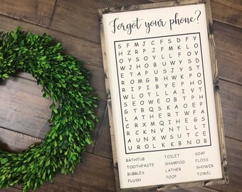 Forgot Your Phone Sign | Bathroom Word Search | Bathroom Wall Decor | Forget Your Phone Kids Bathroom Guest Bathroom | Crossword Puzzle Sign