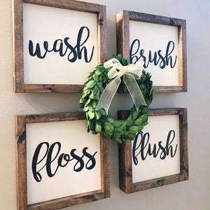 Wash Brush Floss Flush Set of 4 Wood Sign Bathroom Sign Bathroom Decor Farmhouse Style Farmhouse Sign Farmhouse Bathroom image 2