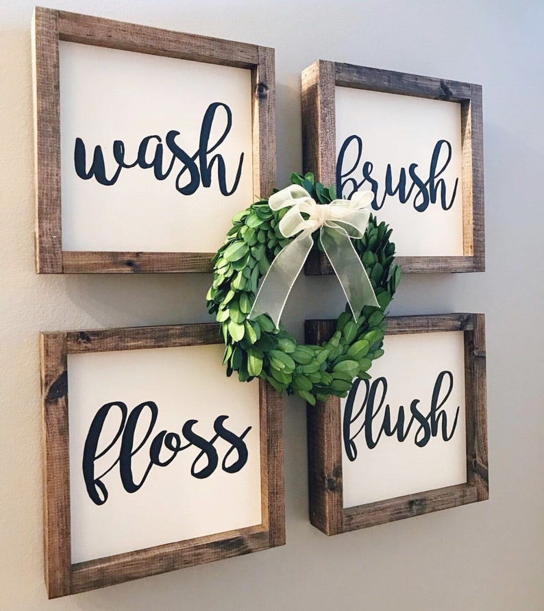 Wash Brush Floss Flush Set of 4 Wood Sign Bathroom Sign Bathroom Decor Farmhouse Style Farmhouse Sign Farmhouse Bathroom image 2