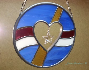 Unique Hanging Patriotic Stained Glass Suncatcher with a Glass Star; Great July 4th Gift / Patriotic Gift for Service Men and Women!