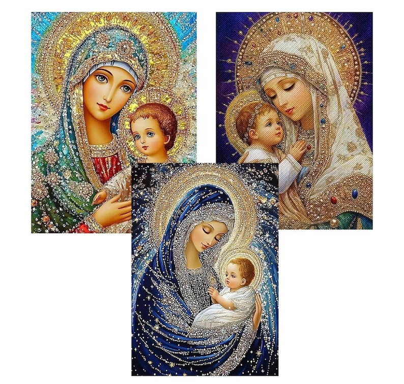 May include: Three religious art prints featuring the Virgin Mary and baby Jesus. The artwork showcases detailed depictions with halos, intricate clothing, and a sparkling, jewel-like effect. The color palette includes blues, golds, and whites.