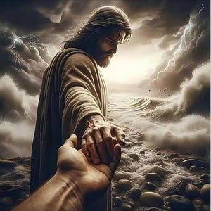 May include: A figure with long hair and a beard wearing a tan robe reaches out to hold a hand. The scene is set against a dramatic, stormy sky with dark clouds, lightning, and a rocky shoreline with crashing waves in the background.