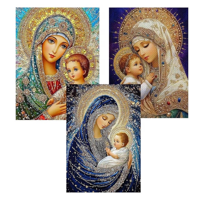May include: Three religious art prints featuring the Virgin Mary and baby Jesus. The artwork showcases detailed depictions with halos, intricate clothing, and a serene color palette of blues, golds, and whites. The images are rich in detail and texture.
