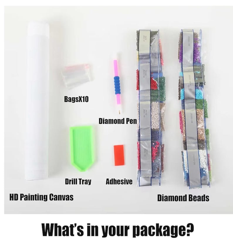 May include: An assortment of diamond painting supplies, including a white tube labeled "HD Painting Canvas", bags of diamond beads, a pink and blue diamond pen, a green drill tray, and a small red adhesive square. The text "What's in your package?" is at the bottom.