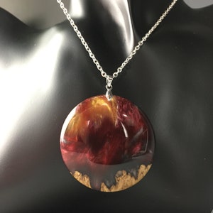 Hybrid Wood Resin Red Gold Molten Lava Fire Opal Swirl Pendant