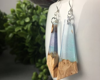 Hybrid Wood Resin Pale Blue Purple Earrings