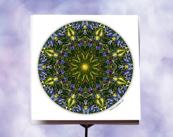 Bluebell Mandala Card is Blank or Customize with Poetry, Beltane, Mothers Day, Easter, Birthday, Imbolc, Spring, or Ostara