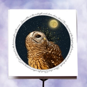 Owl and Full Moon Winter Solstice Card with Poetry and Longest Night Message Inside; Nature-Based Holiday Card from Milkweed Rising