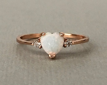 White Opal Heart Rose Gold Simulated Diamond Sterling Silver Engagement Promise Ring, Dainty Simulated Diamond Heart Women's Ring