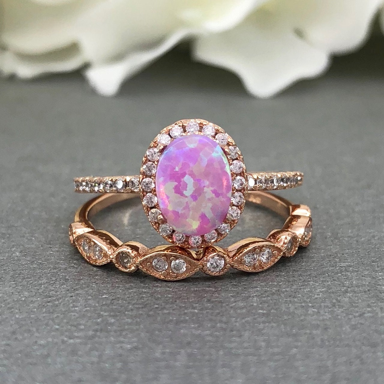 Rose GOLD Pink Opal Ring Art Deco Simulated Diamond Engagement | Etsy