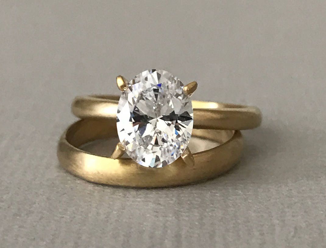 Oval Simulated Diamond Matte Yellow Gold Engagement Band Ring Etsy