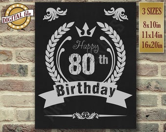 80th Birthday Gift, Birthday Sign, Birthday Gift, Chalkboard Poster, Birthday Centerpiece Printable Birthday DIGITAL FILE Only JPG