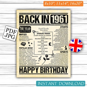 1961 fun facts, 1961 newspaper, UK version birthday, what happened 1961, facts from 1961, birthday newspaper, birthday sign, DIGITAL FILE image 1