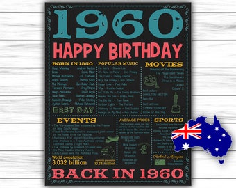 Chalkboard, Australia Version, Party Decor, Sixtieth Birthday, 1960 Birthday Board, Gift For Her, 1960 Birthday, DIGITAL FILE