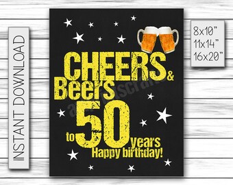 Cheers & Beers to 50 Years, Birthday Sign, Cheers and Beers Party Sign, Instant Download, Chalkboard Poster, Printable DIGITAL FILE Only