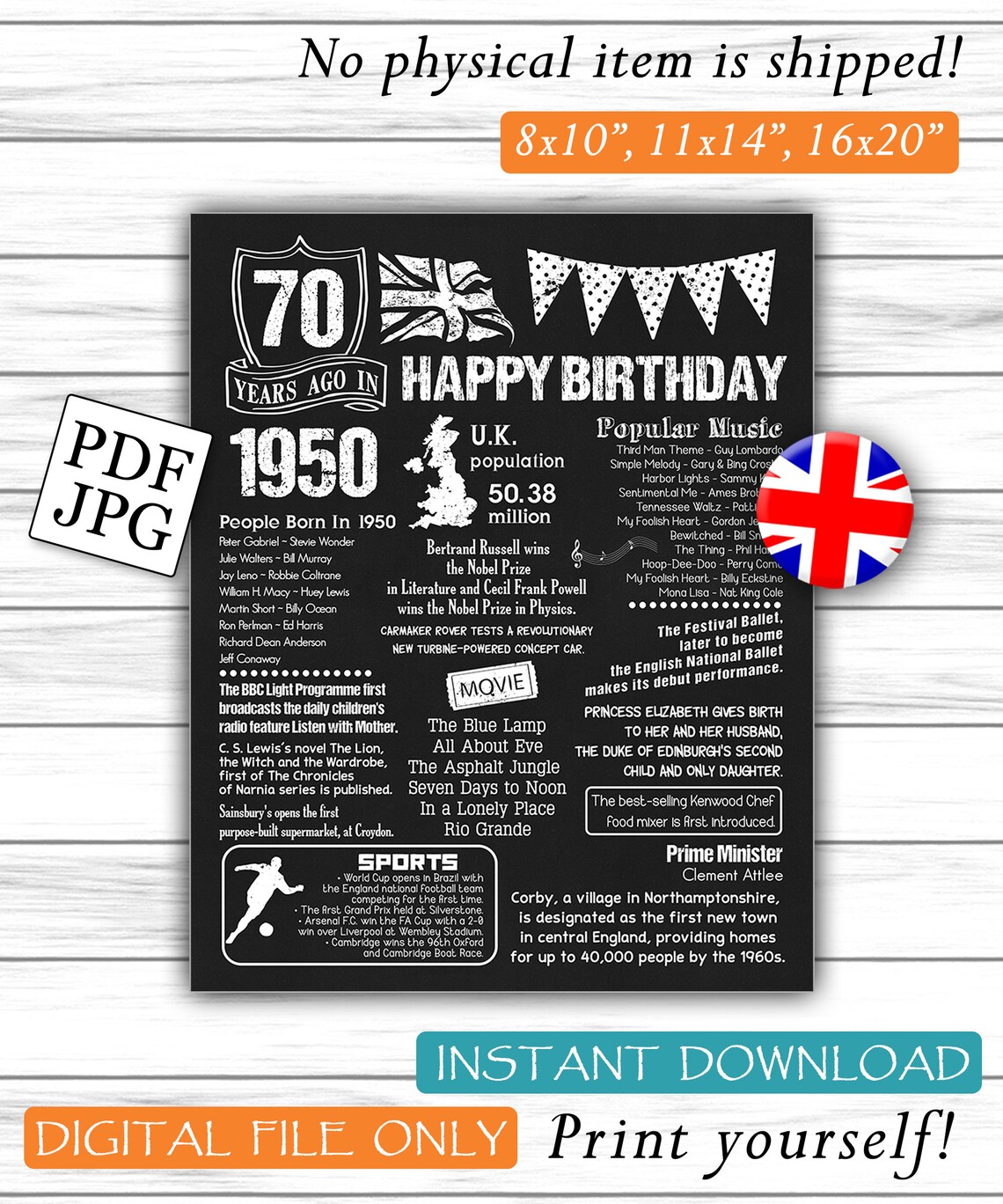 70 Years Ago Poster UK Version Chalkboard Poster Birthday Etsy
