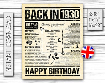 Birthday Poster, UK Version, 1930 Birthday, Birthday Sign, Birthday Decorations, Newspaper, Born In 1930, DIGITAL FILE Only