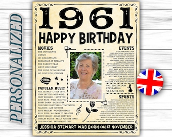 UK Version, Personalized Birthday Poster, 1961 Facts, Birthday, Custom Birthday, Birthday Poster Sign 1961 Custom Digital JPG or PDF