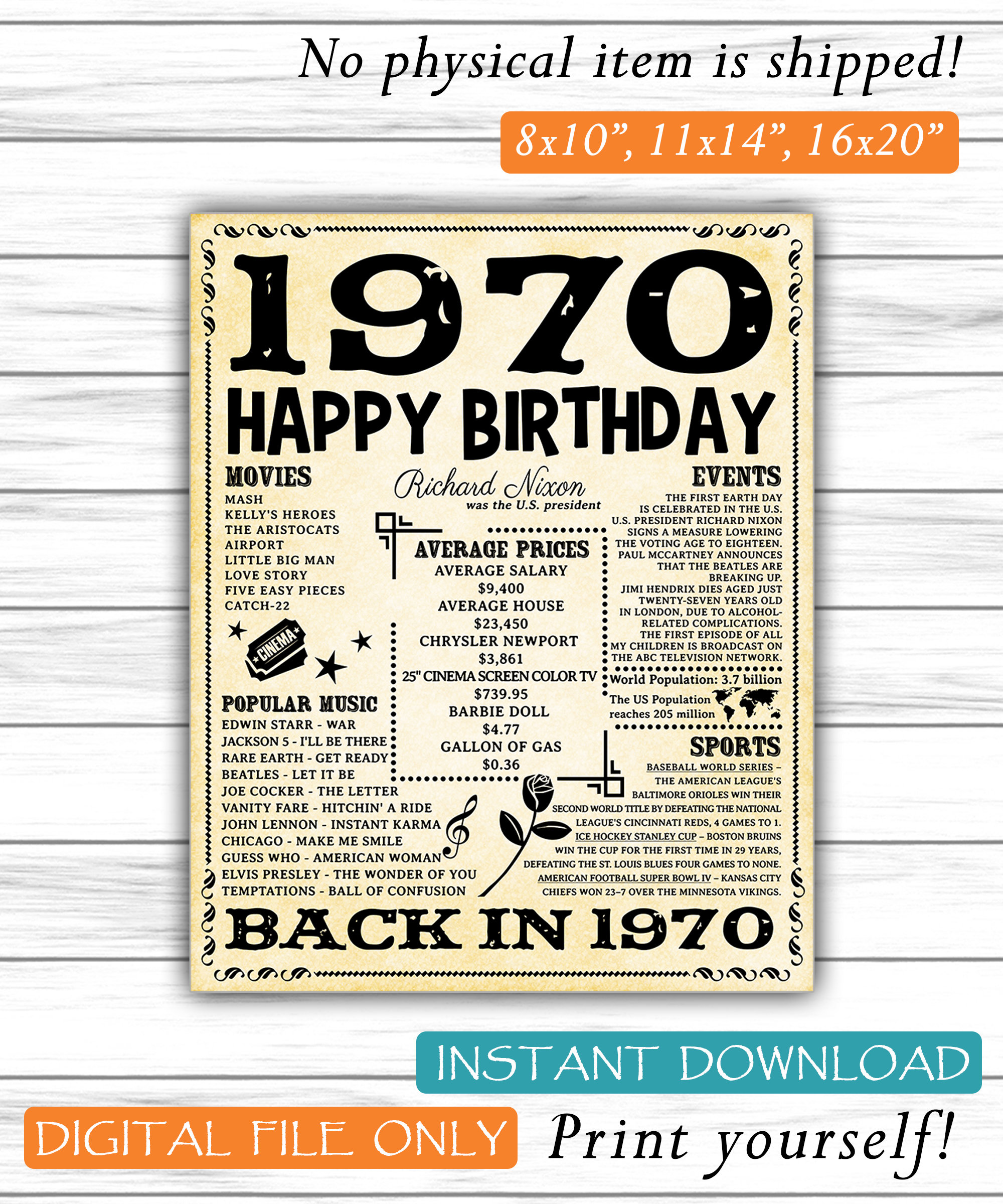 1970, Fun Facts 1970, Birthday Poster for Husband, Gift for Dad, Father