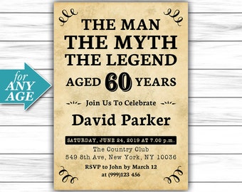 The Man The Myth The Legend, Birthday Party Invitation, Printable Invitate, 30th 40th 50th 60th 70th 80th 90th Birthday, Digital JPG or PDF