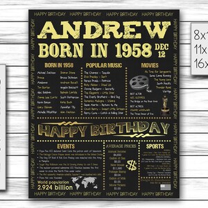 1958, Personalized Birthday Chalkboard Poster, Born in 1958, Birthday Gift, Birthday Poster, Birthday Sign, Custom Printable DIGITAL FILE Bild 1